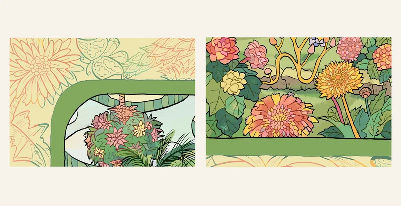Garden Under Glass（温室后花园） — Botanical line and color details. Published image 5 of 10.