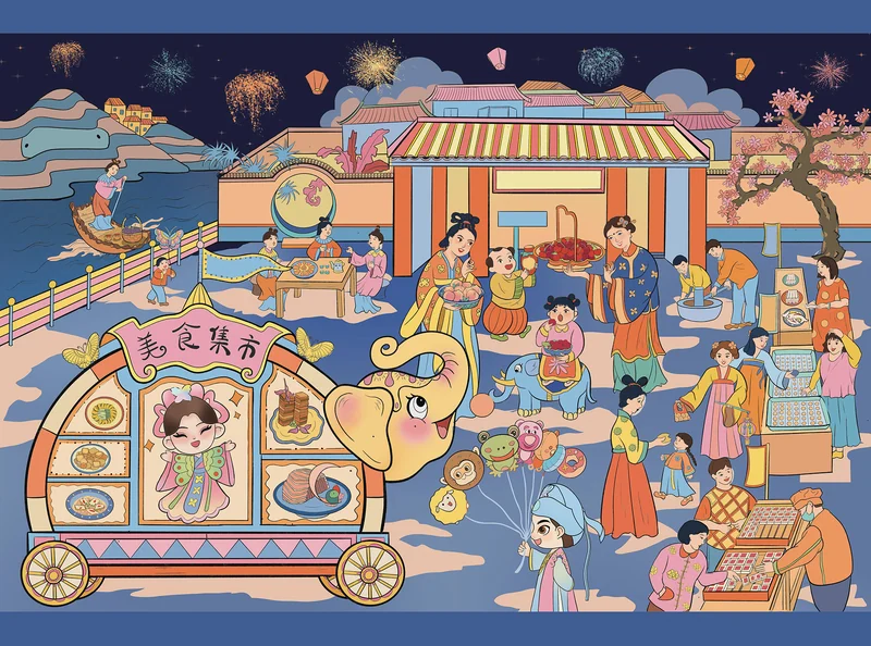 Shangyu City IP Cultural Tourism Illustration Series（上虞文旅插画） — Food-market illustration. Published image 5 of 14.