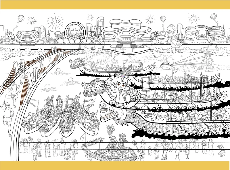 Shangyu City IP Cultural Tourism Illustration Series（上虞文旅插画） — Hand-drawn linework · Festivals and dragonboat racing.